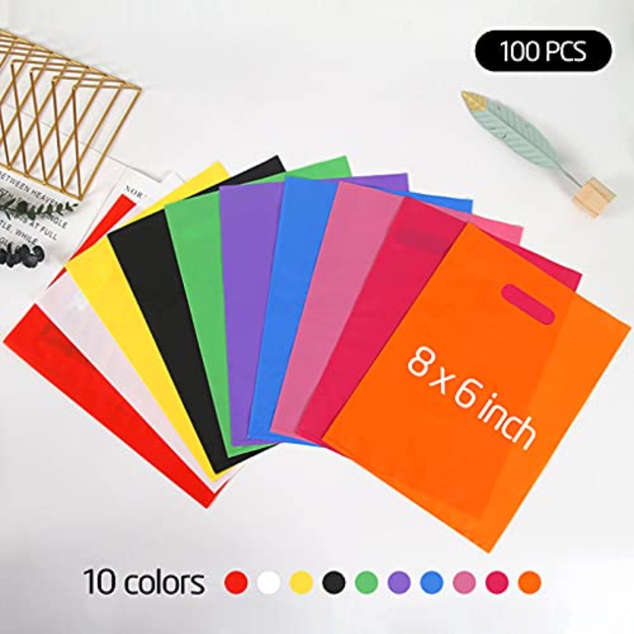 100 PCS Plastic Party Favor Bags Small Gift Bags, 6" x 8" Goodie Bags for Kids, Rainbow Party Gift Bags Bulk with Handle for Kids Birthday Party, Easter, Christmas, Halloween, 10 Colors